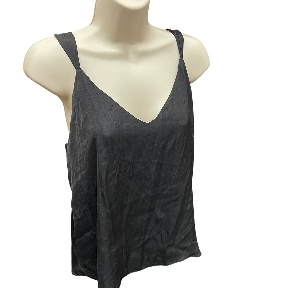 Evereve Womens Black Satin V-Neck Camisole Adjustable Spaghetti Strap Top Size S